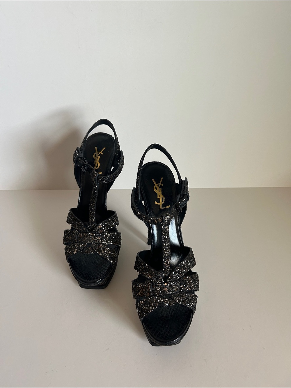 Saint Laurent Black Glitter Platform T-Strap Heels - Picture 2 of 3
